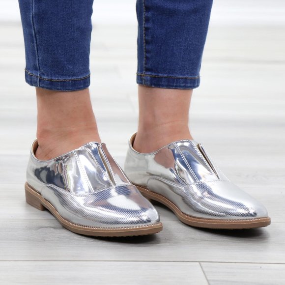 Silver Patent Flat Slip On Oxford Loafers - Picture 3 of 15